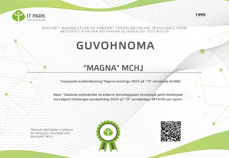 "MAGNA" MCHJ — IT Park rezidenti guvohnomasi №1999